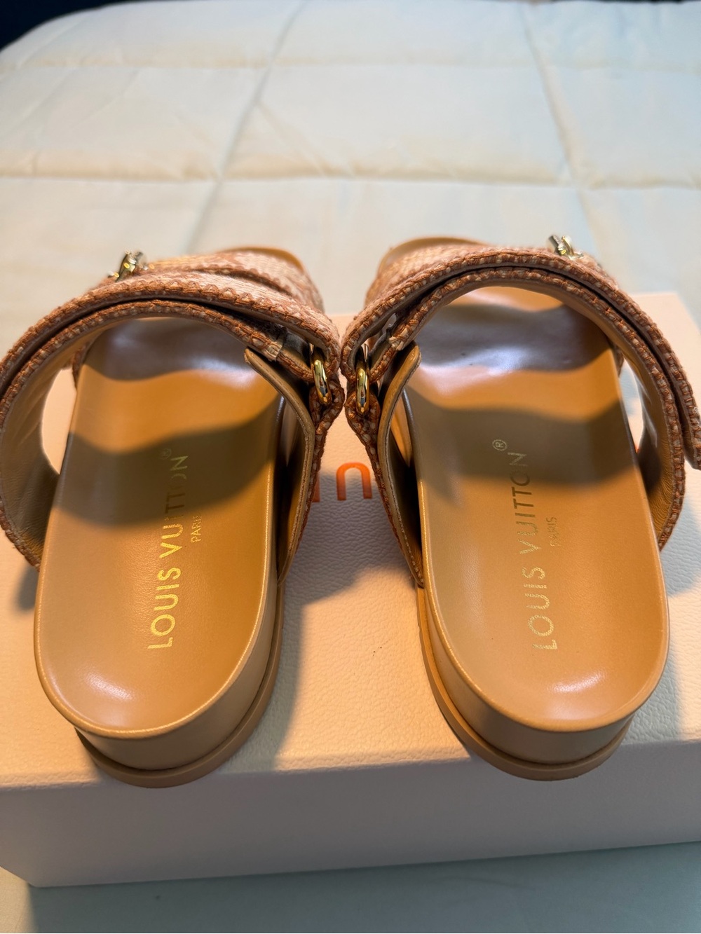 Louis Vuitton Beige & Tan Monogram Canvas Double-Strap Slides - Picture 2 of 8